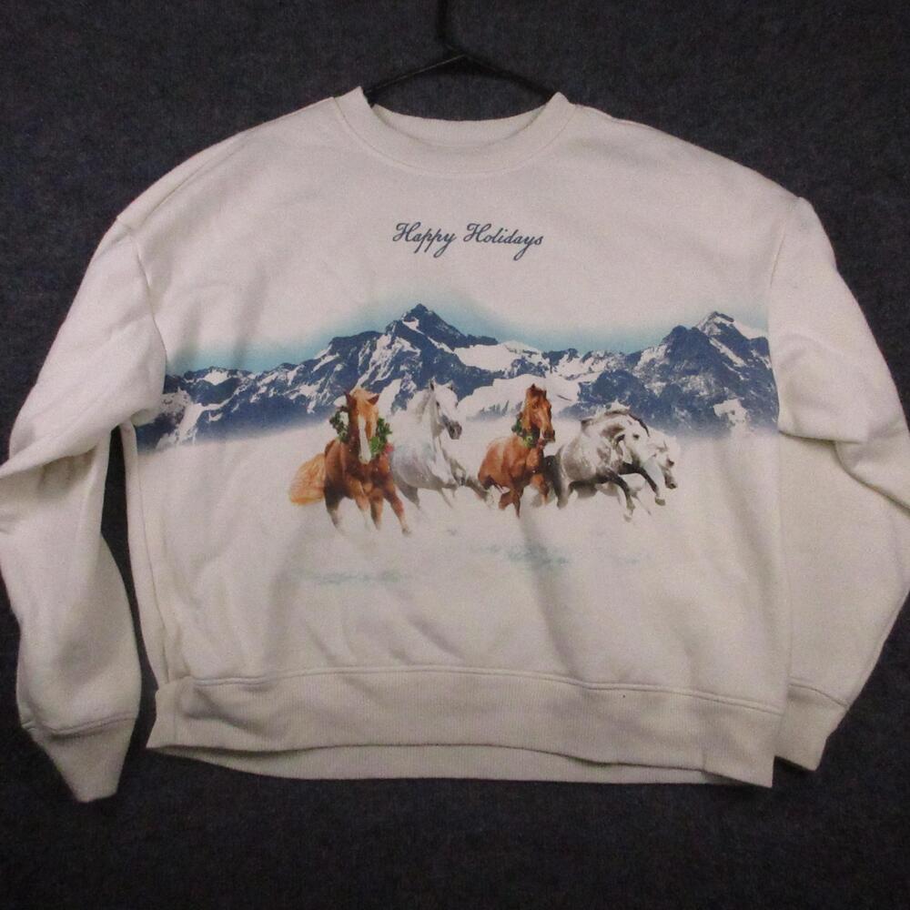 Original Use Sweatshirt Mens Medium White Happy Holidays Horses Fleece Pullover